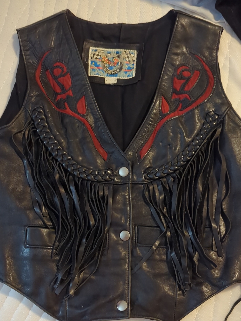 Black Leather Fringe Vest with Red Embroidery